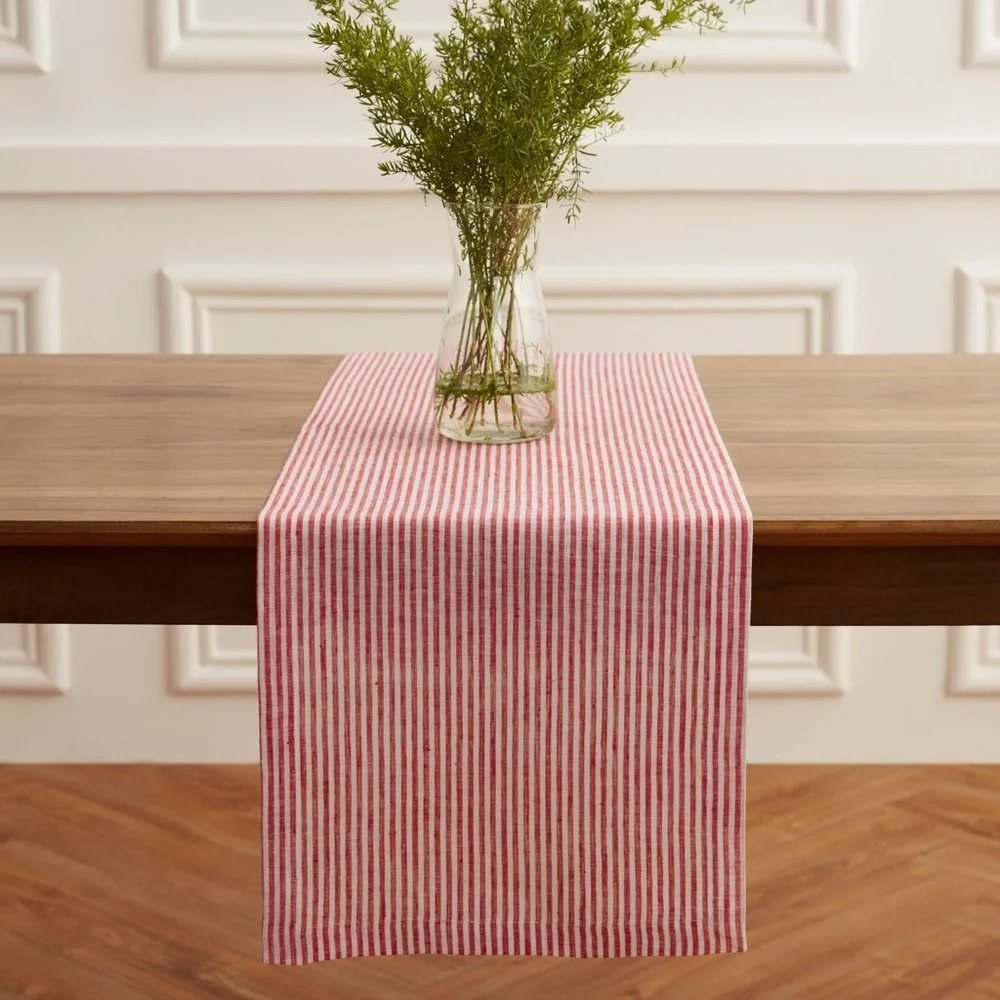 Solino Home Linen Table Runner 100% Pure Linen Red & White Farmhouse  14 x 48